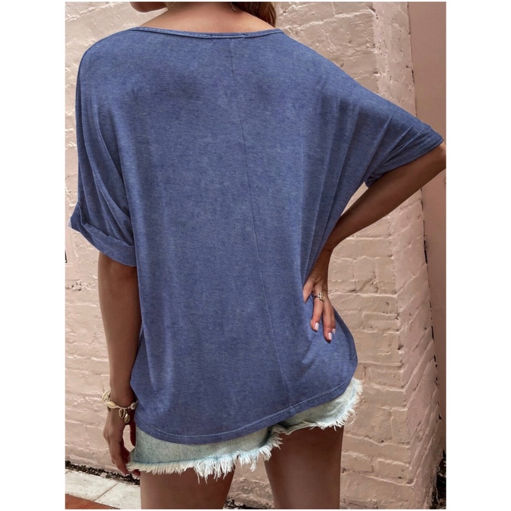 Cozy v neck Khaki Cuff Sleeve Oversized Casual Tee Top - Picture 8 of 11
